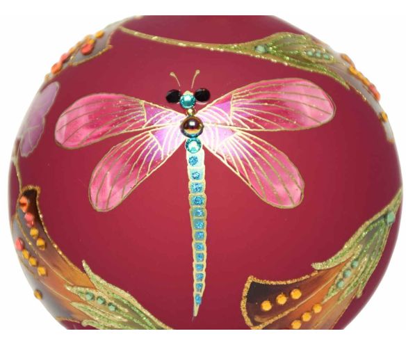 Boule Noël verre soufflé bordeaux libellule rose cristaux Preciosa fleurs orangées peinte main Ø12cm - Lilosquare