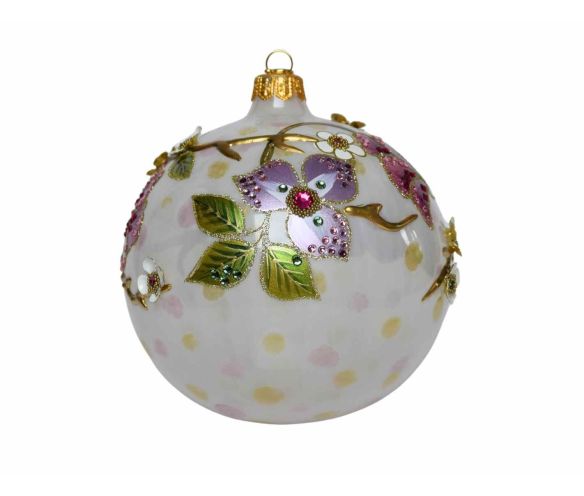 Boule Noël verre soufflé blanc pois pastel fleurs violettes roses 3D relief cristaux Preciosa branches dorées Ø12cm - Lilosquare