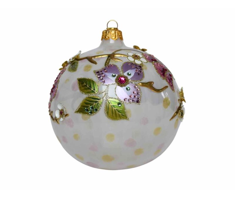 Boule Noël verre soufflé blanc pois pastel fleurs violettes roses 3D relief cristaux Preciosa branches dorées Ø12cm - Lilosquare