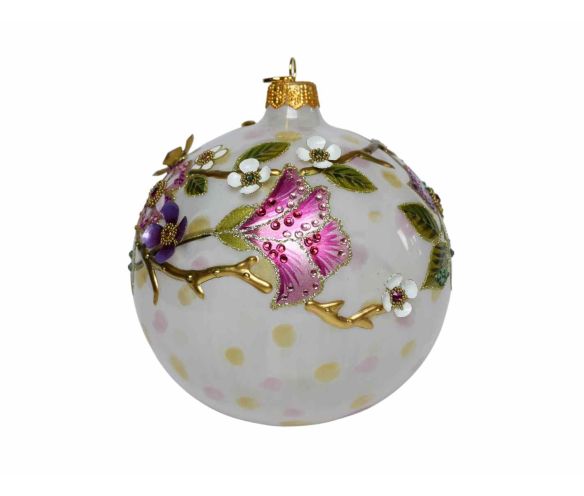 Boule Noël verre soufflé blanc pois pastel fleurs violettes roses 3D relief cristaux Preciosa branches dorées Ø12cm - Lilosquare