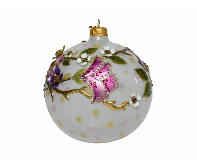 Boule Noël verre soufflé blanc pois pastel fleurs violettes roses 3D relief cristaux Preciosa branches dorées Ø12cm - Lilosquare