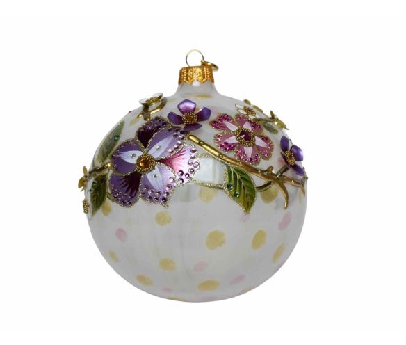 Boule Noël verre soufflé blanc pois pastel fleurs violettes roses 3D relief cristaux Preciosa branches dorées Ø12cm - Lilosquare