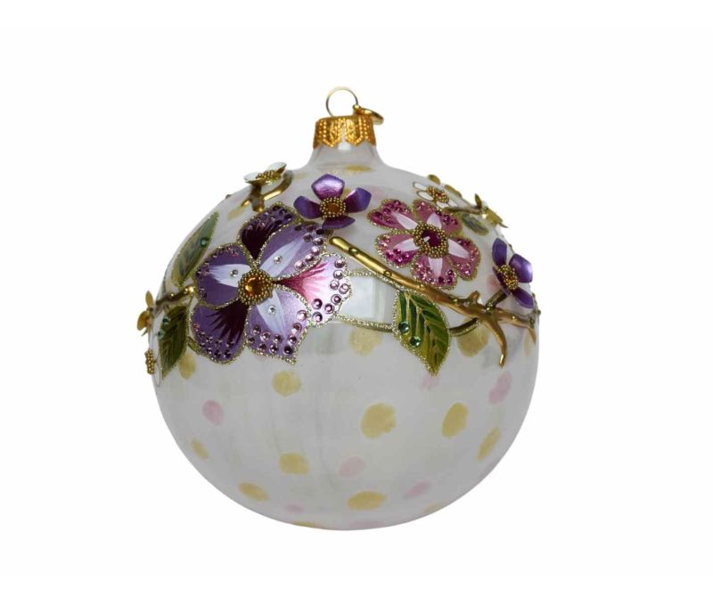 Boule Noël verre soufflé blanc pois pastel fleurs violettes roses 3D relief cristaux Preciosa branches dorées Ø12cm - Lilosquare