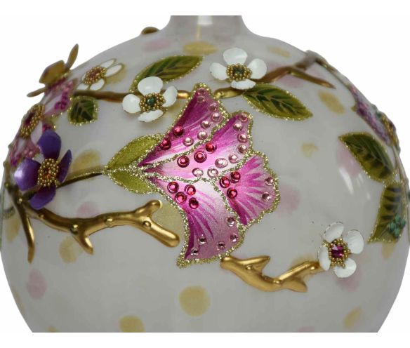 Boule Noël verre soufflé blanc pois pastel fleurs violettes roses 3D relief cristaux Preciosa branches dorées Ø12cm - Lilosquare
