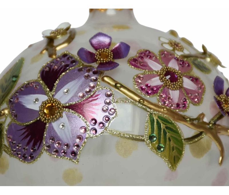 Boule Noël verre soufflé blanc pois pastel fleurs violettes roses 3D relief cristaux Preciosa branches dorées Ø12cm - Lilosquare