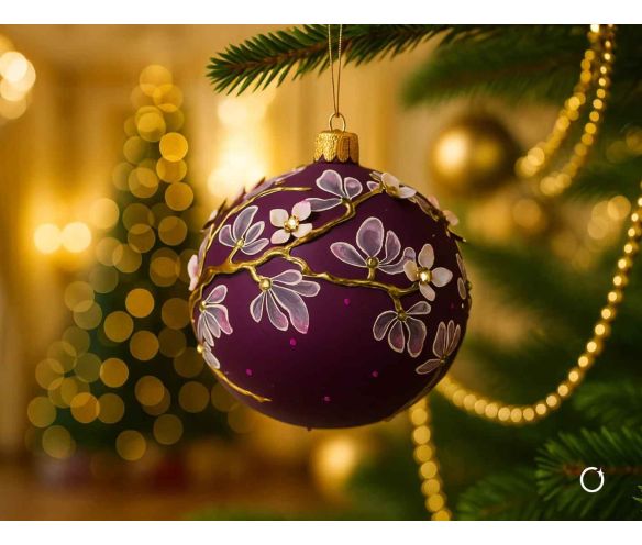 Boule Noël verre soufflé mat violet foncé fleurs magnolia blanches en relief branches dorées cristaux Ø12cm - Lilosquare