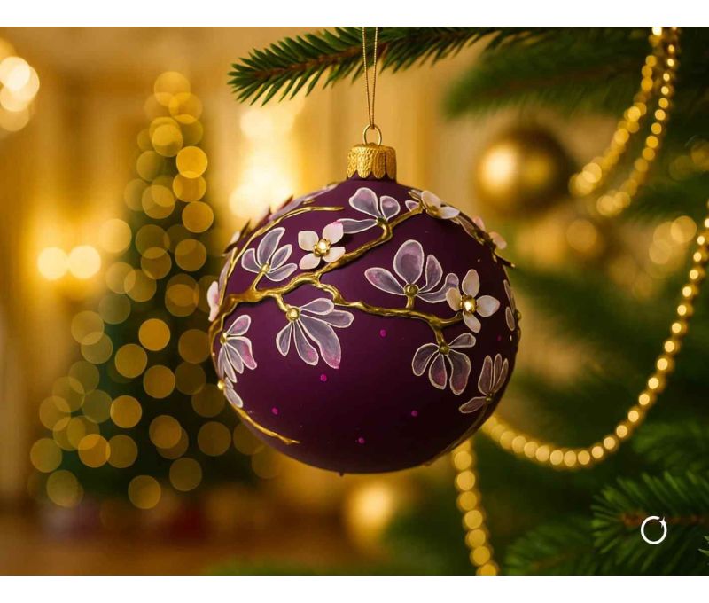 Boule Noël verre soufflé mat violet foncé fleurs magnolia blanches en relief branches dorées cristaux Ø12cm - Lilosquare