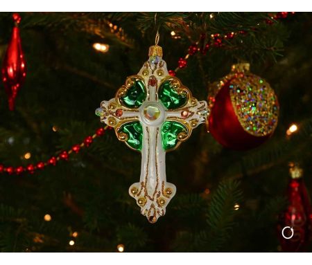 Suspension croix blanche verte H 12 cm verre soufflé