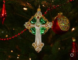 Suspension croix blanche verte H 12 cm verre soufflé