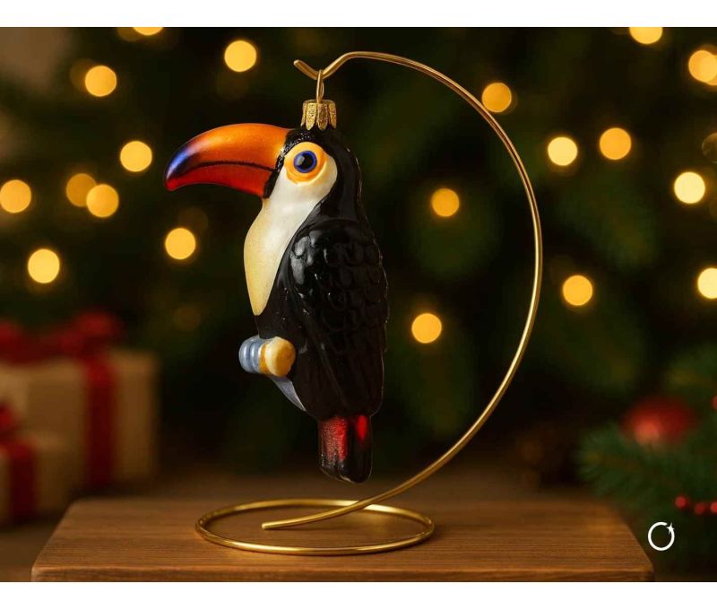 Suspension Noël verre soufflé toucan corps noir brillant bec large orangé bleu gorge H14cm