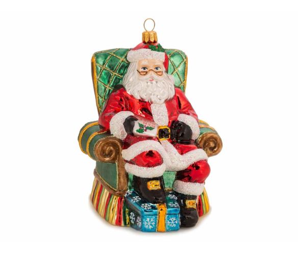 Suspension Noël verre soufflé Père Noël rouge assis fauteuil vert doré cadeaux bleus lettre houx peint main H18cm