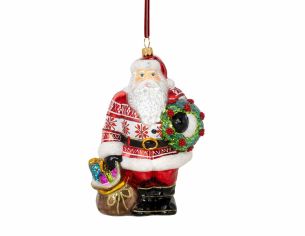 Suspension de Noël en verre soufflé représentant un Père Noël avec couronne et hotte. Hauteur : 18 cm. Peint à la main.