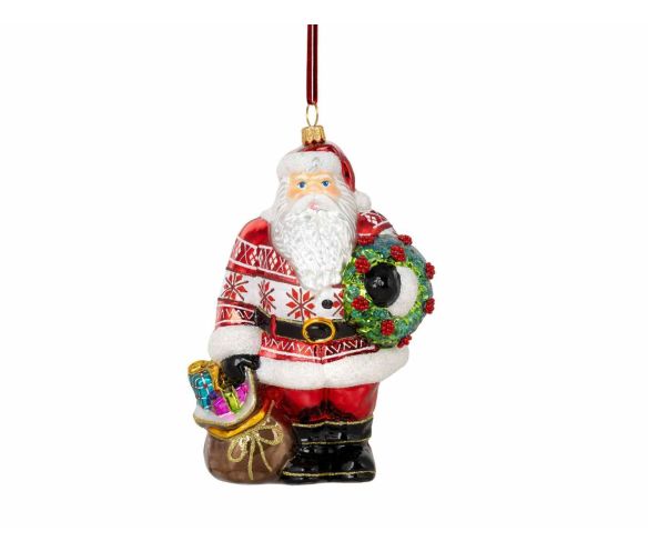 Suspension de Noël en verre soufflé représentant un Père Noël avec couronne et hotte. Hauteur : 18 cm. Peint à la main.