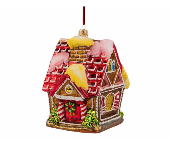 Suspension de Noël maison pain d'épices toit rouge enneigé couronne porte bonbons H14cm