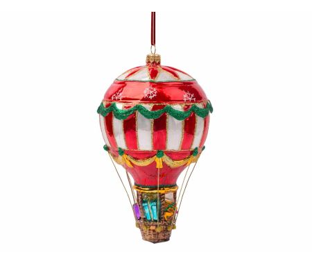 Suspension de Noël montgolfière rouge, blanche et dorée en verre soufflé et peinte à la main. 
Hauteur : 17cm
