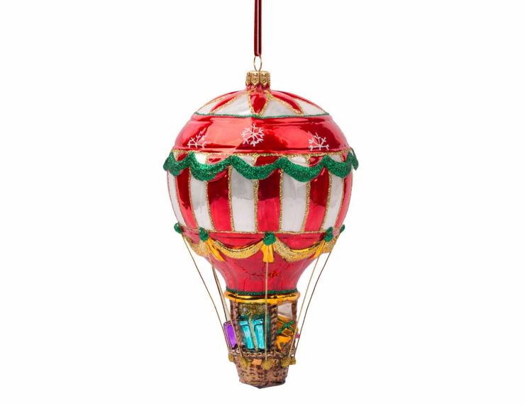 Suspension de Noël montgolfière rouge, blanche et dorée en verre soufflé et peinte à la main. 
Hauteur : 17cm