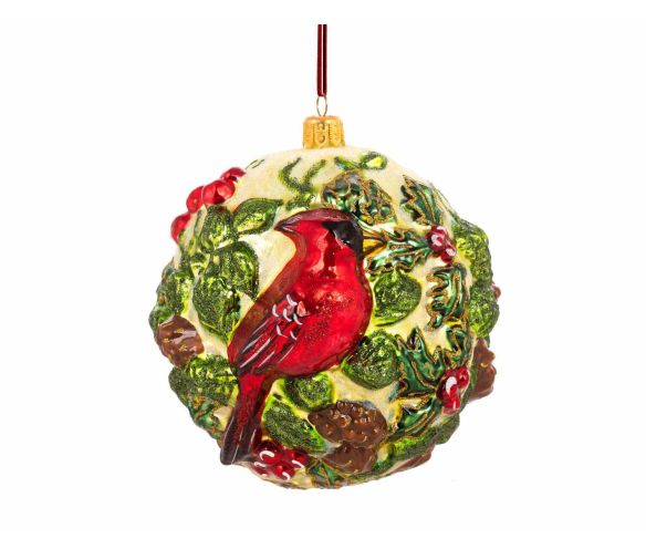 Boule de Noël cardinal rouge houx verre soufflé relief peint main Ø12cm - Lilosquare