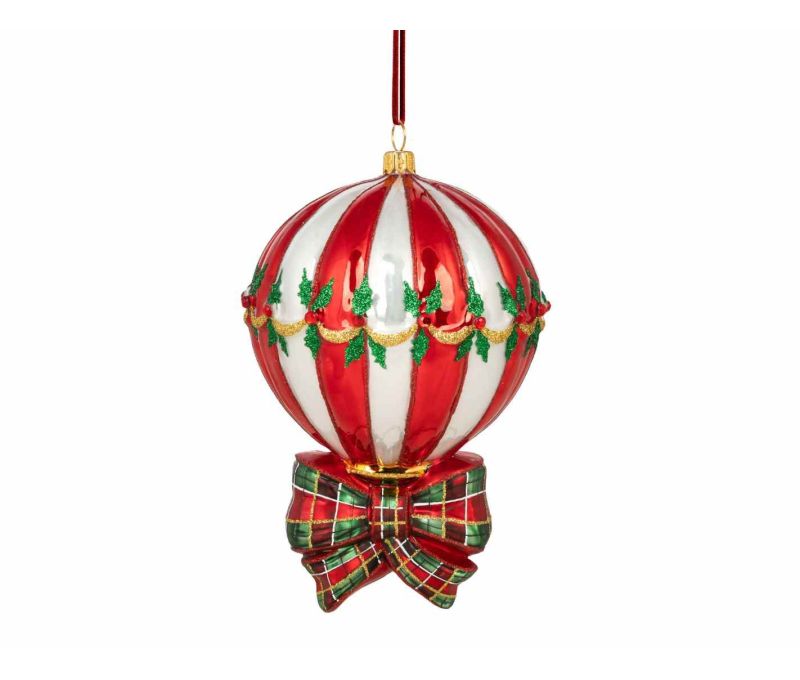 Suspension de Noël montgolfière rouge blanche avec un noeud tartan en verre soufflé décorée main. Hauteur 15cm.