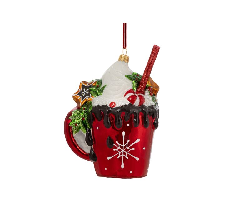 Suspension de Noël mug rouge chantilly coulures chocolat bonbons biscuit étoile H14cm