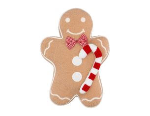 Coussin en forme de bonhomme pain d’épices, avec nœud rouge vichy et canne à sucre douce. Hauteur : 53 cm.