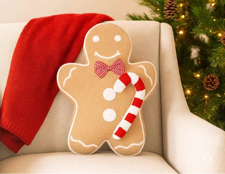 Coussin en forme de bonhomme pain d’épices, avec nœud rouge vichy et canne à sucre douce. Hauteur : 53 cm.