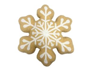 Coussin de Noël flocon en tissu bouclette, couleur biscuit et blanc. Diamètre : 43 cm.