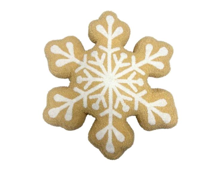 Coussin de Noël flocon en tissu bouclette, couleur biscuit et blanc. Diamètre : 43 cm.