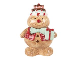 Bonbonnière en forme de bonhomme pain d’épices avec chapeau pâtisserie. Dimensions : 17 x 14 x 24 cm.