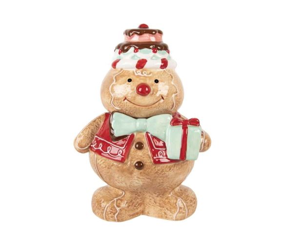 Bonbonnière en forme de bonhomme pain d’épices avec chapeau pâtisserie. Dimensions : 17 x 14 x 24 cm.