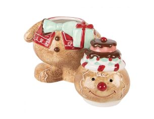 Bonbonnière en forme de bonhomme pain d’épices avec chapeau pâtisserie. Dimensions : 17 x 14 x 24 cm.