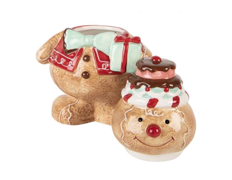 Bonbonnière en forme de bonhomme pain d’épices avec chapeau pâtisserie. Dimensions : 17 x 14 x 24 cm.