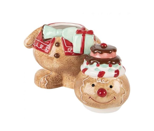 Bonbonnière en forme de bonhomme pain d’épices avec chapeau pâtisserie. Dimensions : 17 x 14 x 24 cm.