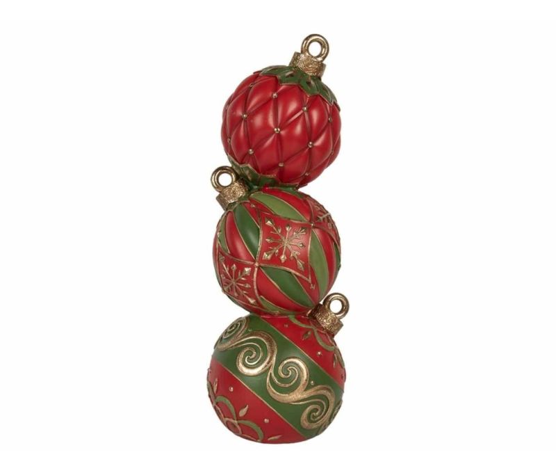 Colonne décorative boules de Noël empilées rouge vert motifs dorés résine H40cm