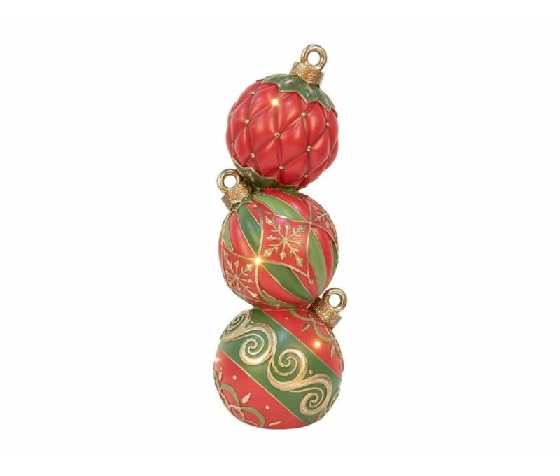 Colonne décorative boules de Noël empilées rouge vert motifs dorés résine H40cm