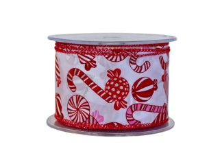 Ruban blanc décoré de bonbons rouges et roses pailletés. Largeur 7cm, longueur 9m