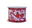 See slide Ruban blanc décoré de bonbons rouges et roses pailletés. Largeur 7cm, longueur 9m