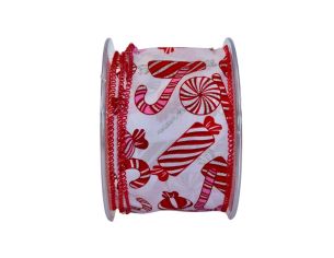Ruban blanc décoré de bonbons rouges et roses pailletés. Largeur 7cm, longueur 9m