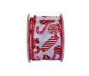 See slide Ruban blanc décoré de bonbons rouges et roses pailletés. Largeur 7cm, longueur 9m
