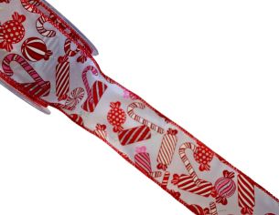 Ruban blanc décoré de bonbons rouges et roses pailletés. Largeur 7cm, longueur 9m