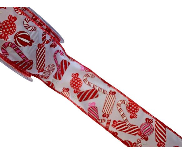 Ruban blanc décoré de bonbons rouges et roses pailletés. Largeur 7cm, longueur 9m