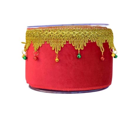 Large Ruban de Noël rouge avec galon doré, petites clochettes colorées et fil métallique – longueur 4,5 mètres.
