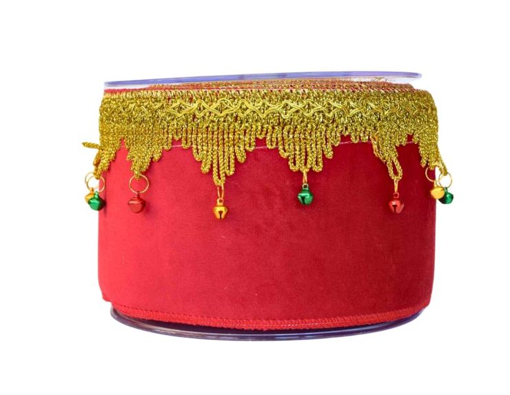Large Ruban de Noël rouge avec galon doré, petites clochettes colorées et fil métallique – longueur 4,5 mètres.