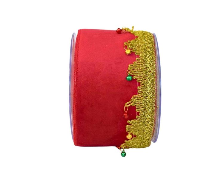 Large Ruban de Noël rouge avec galon doré, petites clochettes colorées et fil métallique – longueur 4,5 mètres.
