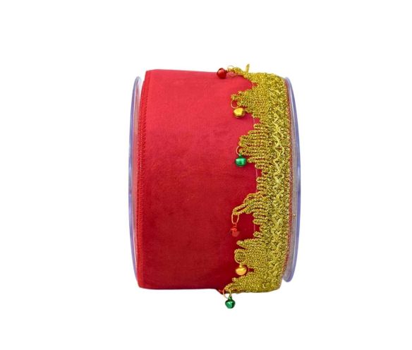 Large Ruban de Noël rouge avec galon doré, petites clochettes colorées et fil métallique – longueur 4,5 mètres.
