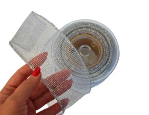 Ruban de Noël argenté maillé H 7cm x 9m