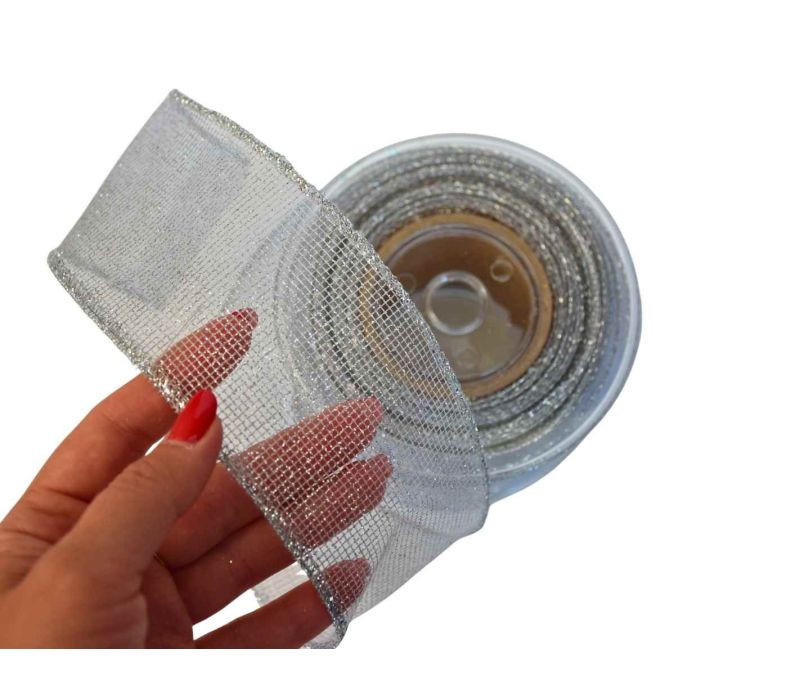 Ruban de Noël argenté maillé H 7cm x 9m