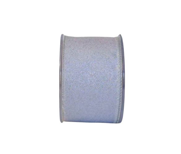 Ruban blanc effet irisé scintillant, bordure renforcée. Largeur 7cm, longueur 9m.