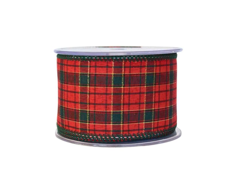 Ruban de Noël tartan écossais rouge vert doré bordures vertes largeur 7cm 9m
