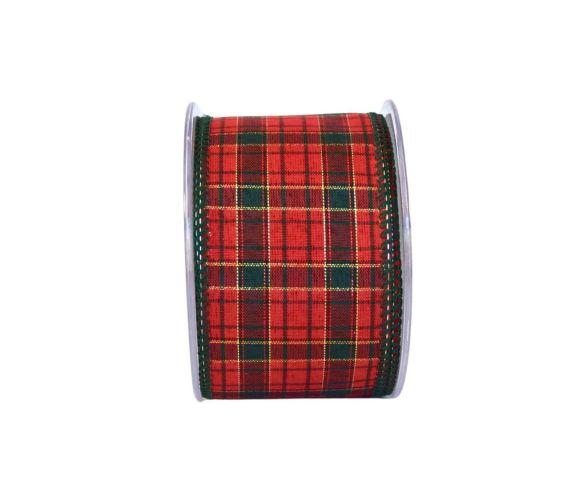 Ruban de Noël tartan écossais rouge vert doré bordures vertes largeur 7cm 9m