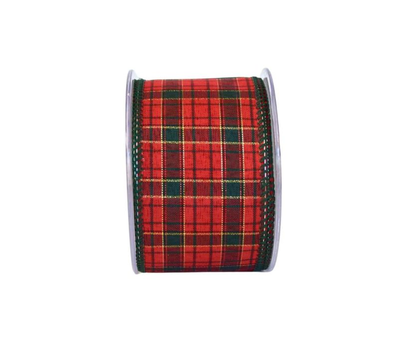 Ruban de Noël tartan écossais rouge vert doré bordures vertes largeur 7cm 9m